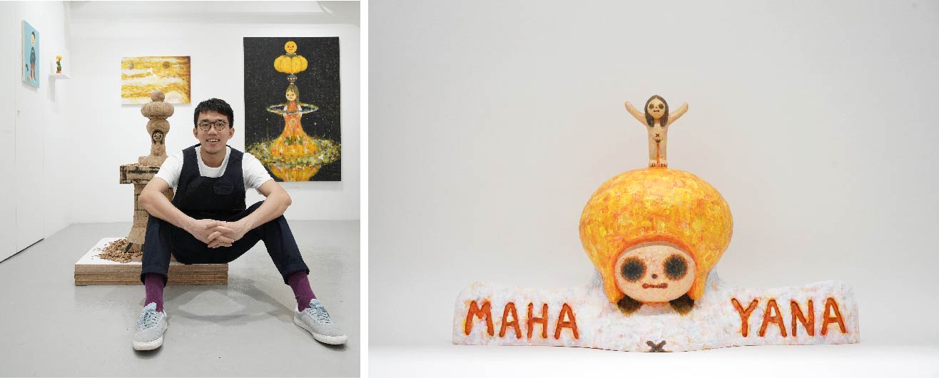 左：Kila Cheung 藝術家本人與其作品合影，右：《Wings of Freedom 自由之翼》