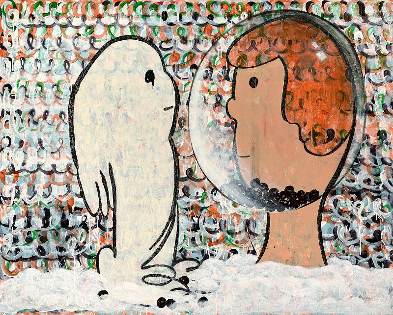 蕭 筑 方 〈 兔 子 與 我 的 心 〉 ， 壓 克 力 顏 料 、 畫 布 ， 2 0 2 2 ， 1 3 0   x   1 6 2 公 分 ， © 臺 北 市 立 美 術 館 