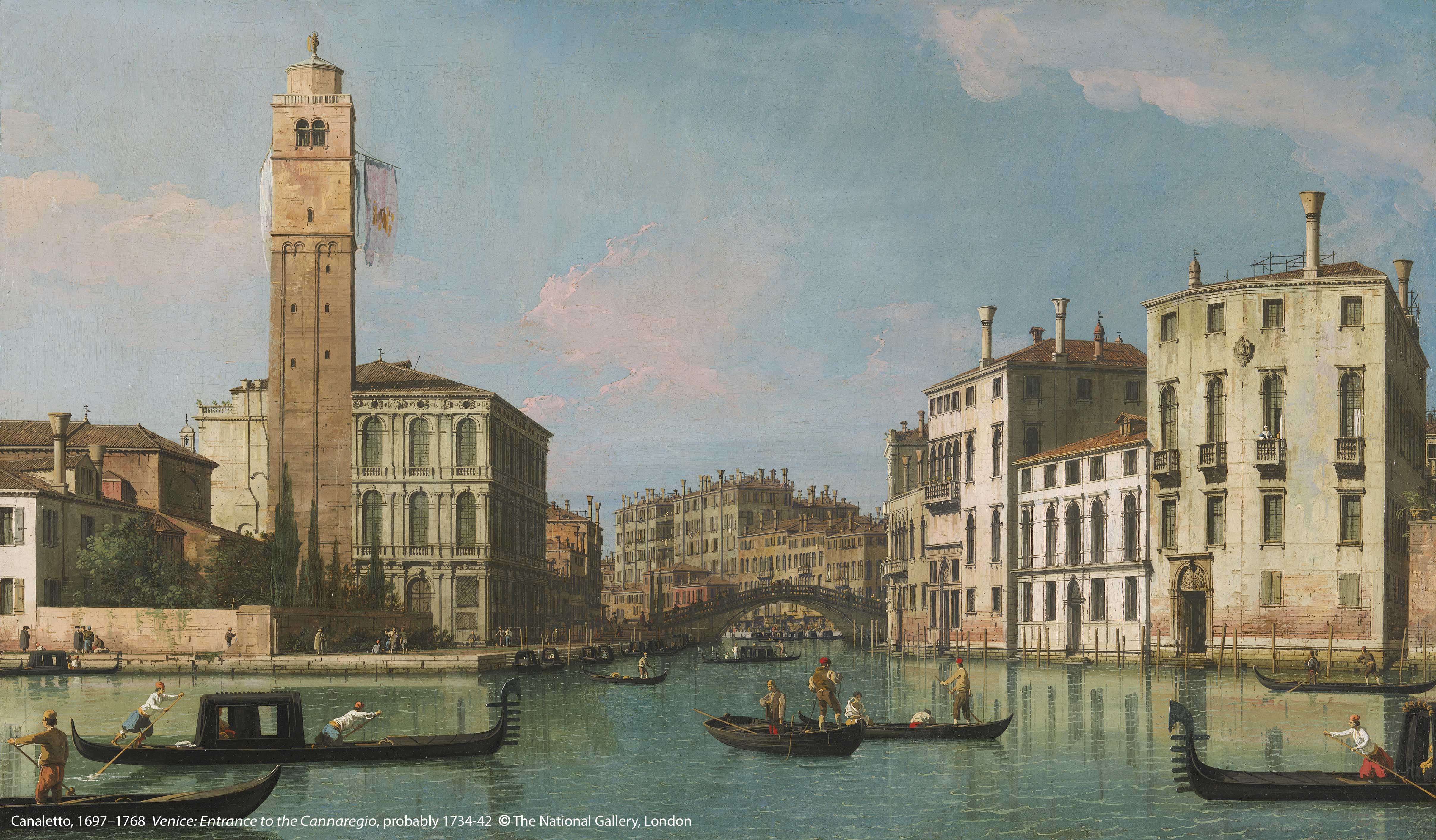 卡 納 萊 托 （ 1 6 9 7 - 1 7 6 8 ） 作 品 〈 威 尼 斯 ： 卡 納 雷 吉 歐 區 入 口 〉 ， 可 能 於 1 7 3 4 - 1 7 4 2 年 創 作 。 圖 / 英 國 國 家 藝 廊 、 奇 美 博 物 館 提 供 