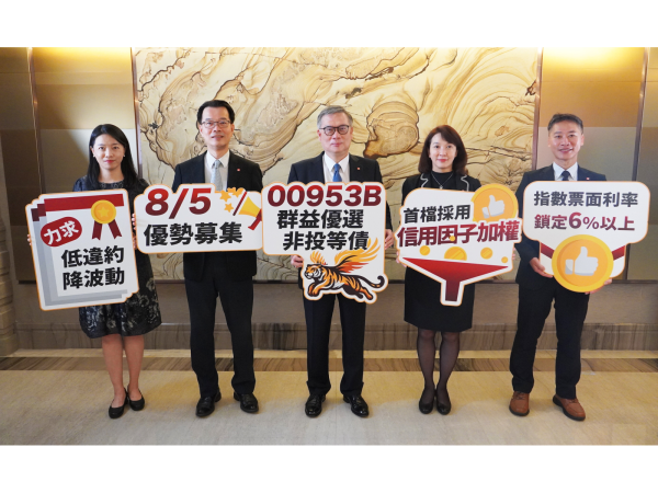 (中)群益投信董事長賴政昇、(左2)群益投信總經理陳明輝、(右2)群益投信資深執行副總林慧玟、(左1)群益投信ETF及指數投資部主管張菁惠、(右1)00953B群益優選非投等債ETF經理人李忠泰