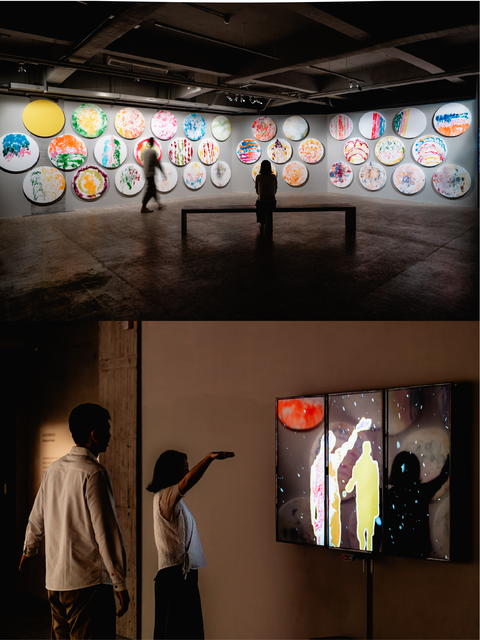 《 無 穹 ‧ 無 盡 ： 邵 永 添   I n f i n i t e   V o y a g e : S h a o   Y u n g - T i e n 》 特 展 區 域 五 ， 「 踏 雪 尋 念 」 藝 術 家 邵 永 添 以 2 小 時 3 6 分 鐘 完 成 現 地 創 作 《 三 十 六 重 天 》 ， 從 帶 有 暗 色 的 《 一 重 天 》 到 充 滿 正 黃 的 《 三 十 六 重 天 》 ， 作 品 中 的 色 彩 隨 著 創 作 過 程 不 規 則 流 動 ， 彷 彿 白 雪 覆 蓋 下 的 生 機 與 綠 意 ， 展 現 無 限 可 能 。 