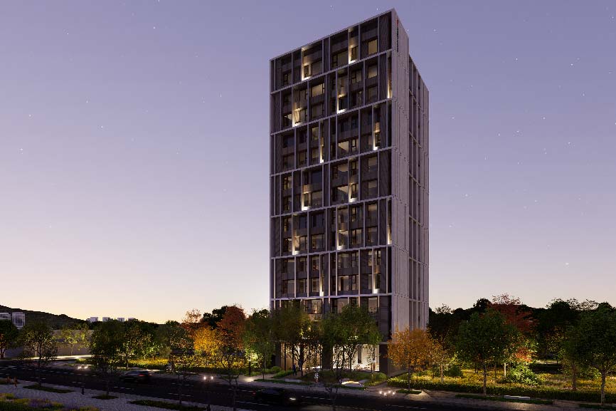 「 佳 元 織 川 」 格 局 規 劃 2 6 - 4 3 坪 ， 理 想 生 活 的 起 點 。 （ 外 觀 3 D 示 意 圖 ／ 佳 元 建 設 提 供 ） 