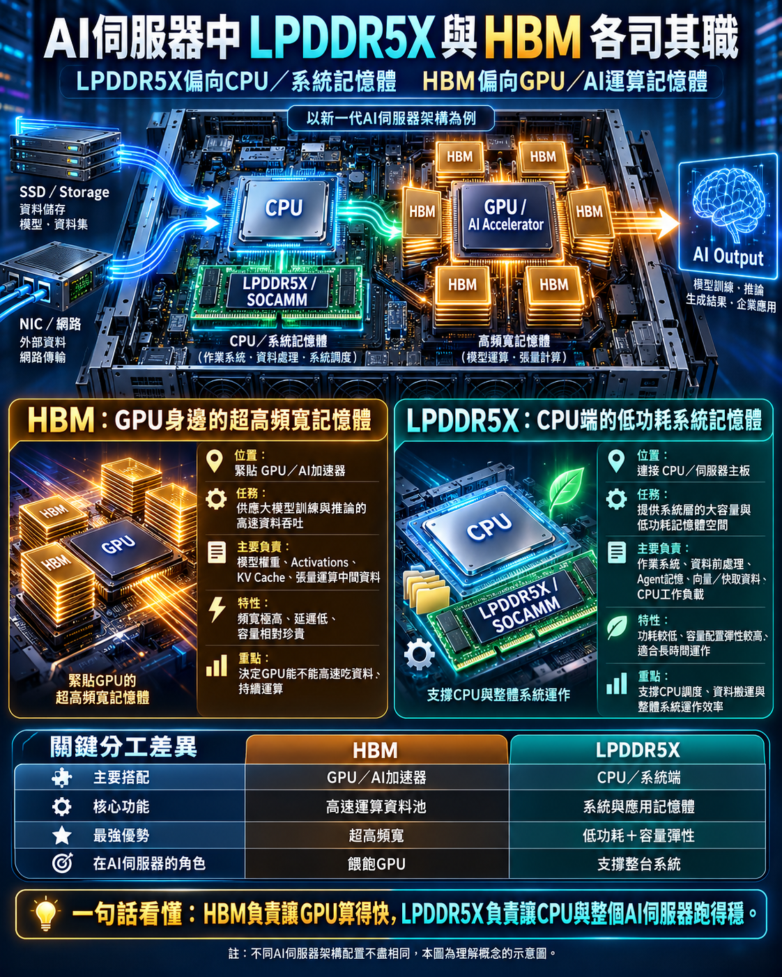 H B M 與 L P D D R 5 / 5 X 在 A I 伺 服 器 裡 的 分 工 H B M 與 L P D D R 5 / 5 X 在 A I 伺 服 器 裡 的 分 工