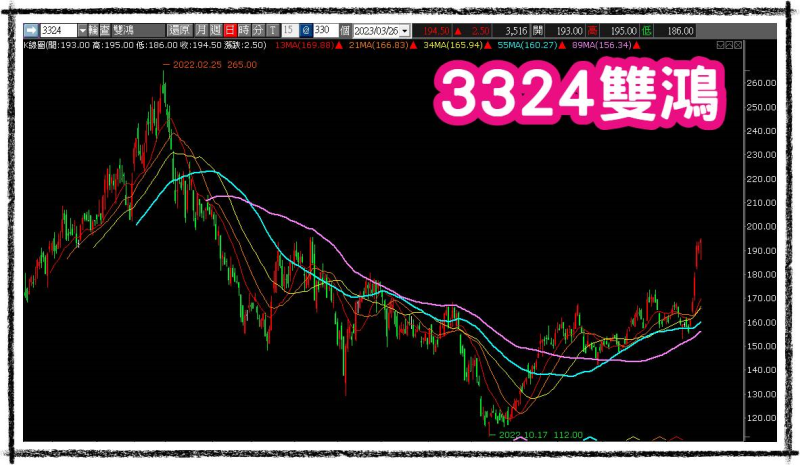 雙鴻(3324)，2022年資本資出約六億，2023年約十一億元，董事長估計今年會是液冷散熱元年，所有客戶都在測試相關產品，雙鴻預估今年伺服器散熱業務將成長30%至40%，並占整體營收比重三成，展望樂觀。